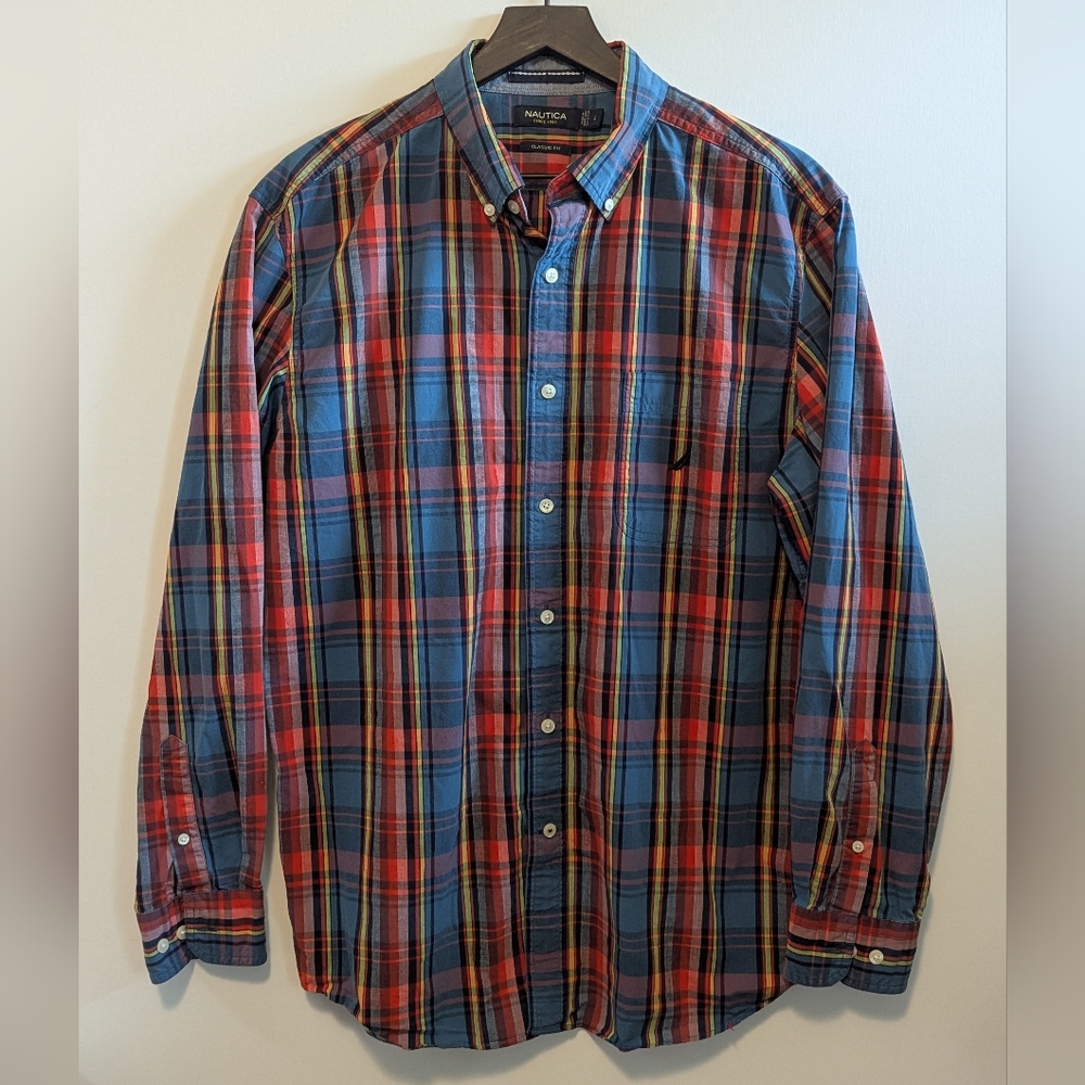 Nautica Casual Long Sleeve Button Down Shirt Plaid LARGE Excel Used Cond Classic